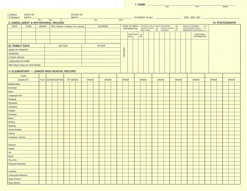 Cumulative Record Folder (State of Texas format)